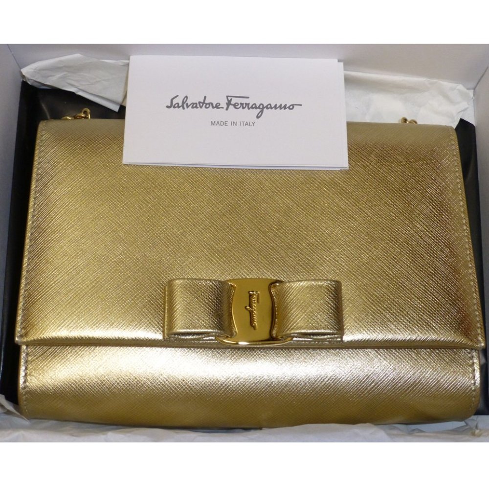 SALVATORE FERRAGAMO Miss Vara Bow Mini Crossbody Bag Gold w/Chain